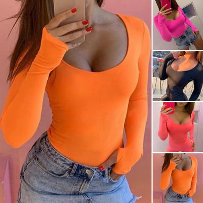 Body de Otoño Escote Bajo Ajustado Manga Larga Cuello Redondo Color Sólido Ajustado Sexy Alta Elasticidad Mono de Otoño para Mujer para Casa