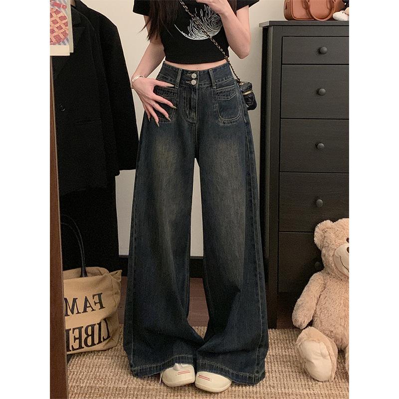 American retro design wide-leg jeans women's summer high-waisted large-size loose and thin floor-mopping straight-leg pants