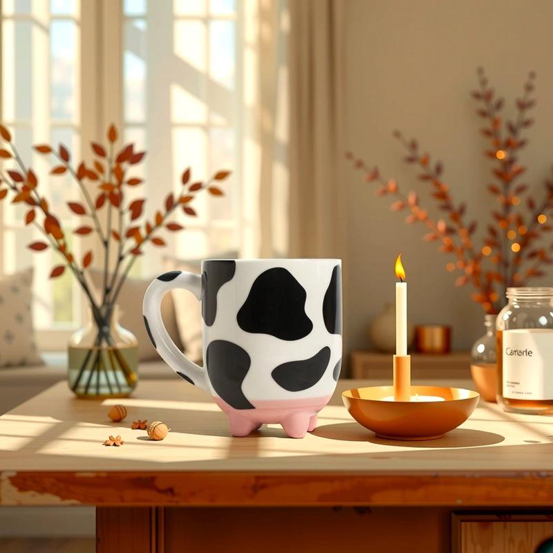 Ceramic Cartoon Cow Cup - Cute Animal Design for Milk, Coffee, or Water - Perfect Festival Gift