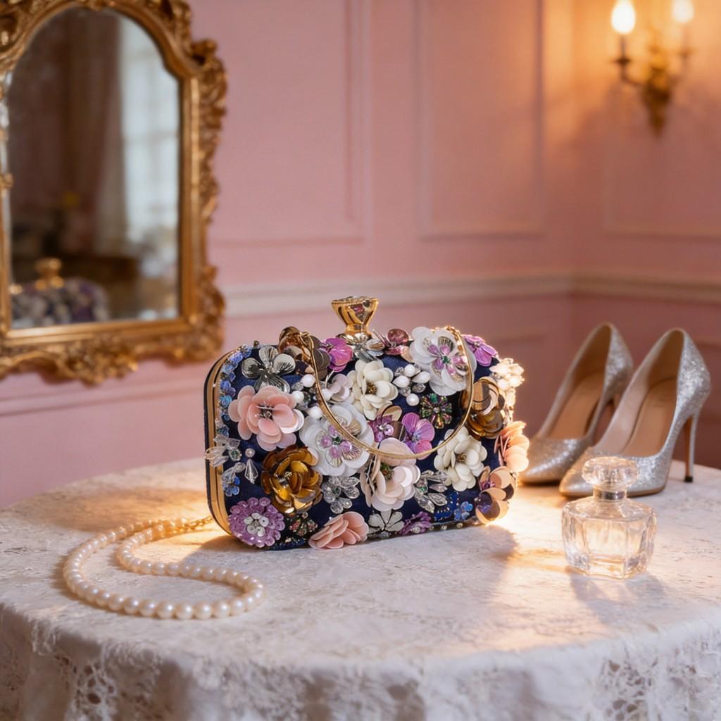 Elegant Pearl Beaded Flower Evening Bag With Satin Interior For Ladies Party Wear