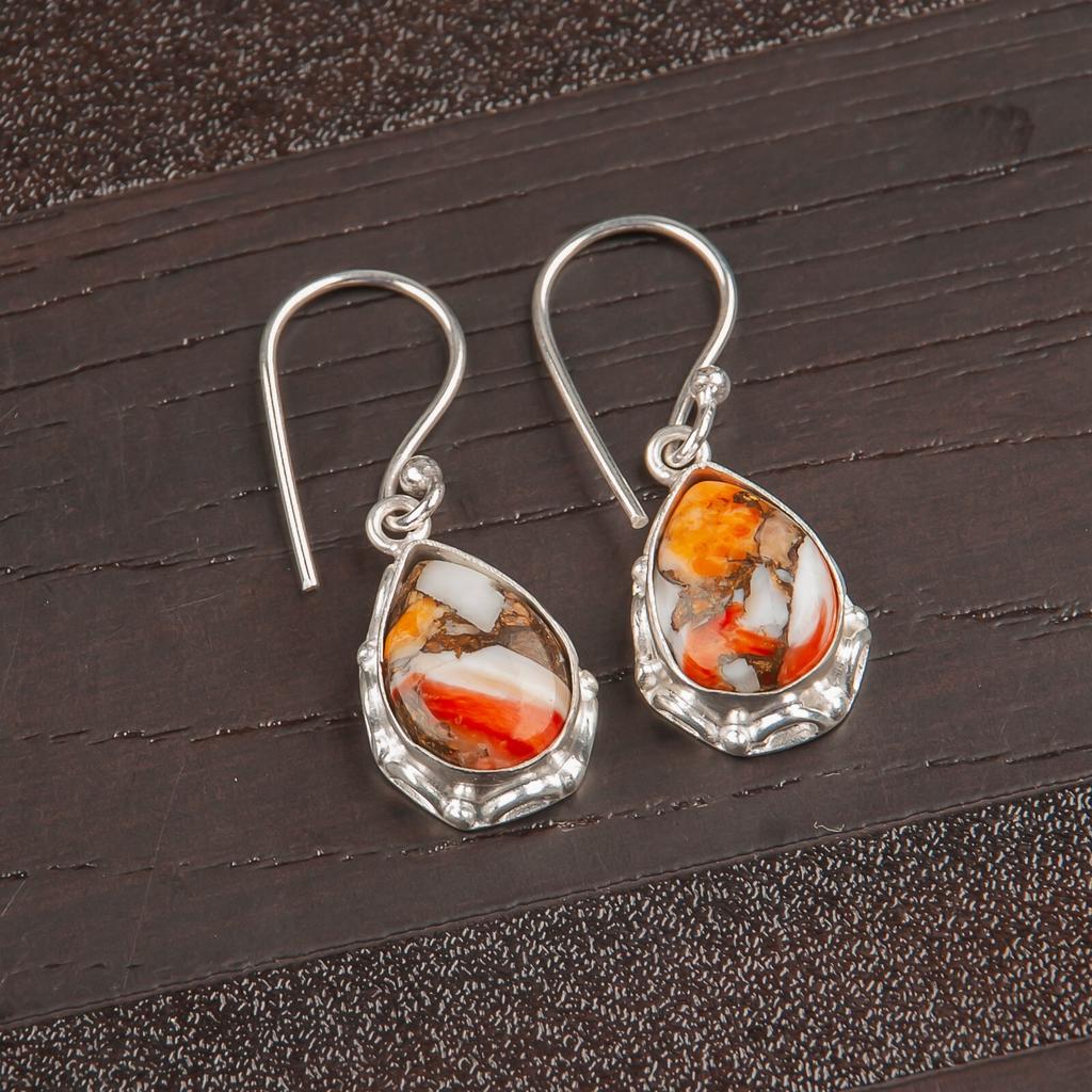 Orange Copper Turquoise Gemstone 925 Fine Silver Jewelry Handmade Earrings 1.30" EE-3-31
