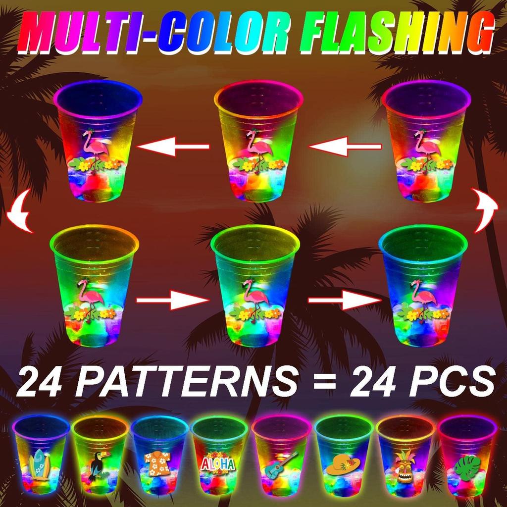 mishunyus 24 Pcs Glow Hawaiian Luau Party Cups, Flashing Tiki Party Cups, Tropical Luau Party Decorations Hawaiian Party Supplies Favor (16oz)