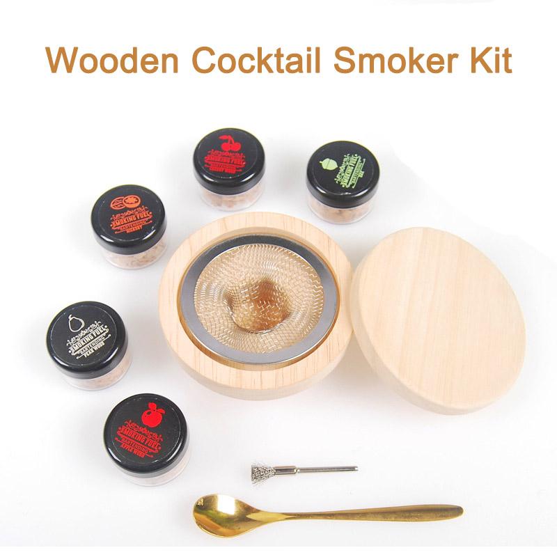Wooden Cocktail Smoker Kit with 5 Wood Chips Old Fashioned Whiskey Smoking Drinks Kit Kitchen Bar Bartender Supplies Drink