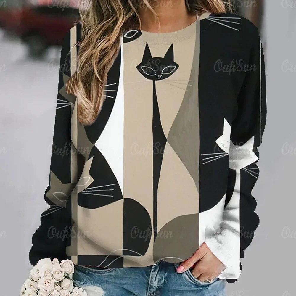 Dámské tričko Anime Kočičí potisk Topy s dlouhým rukávem Vintage svetr Bavlna s výstřihem do tvaru Y2k Dámské oblečení Oversized Street Pullover