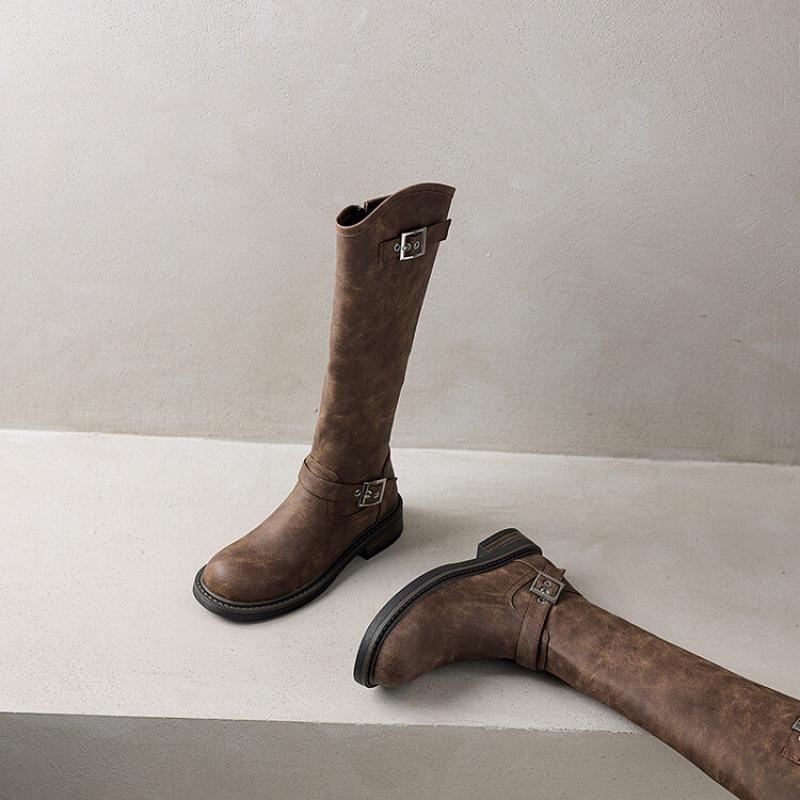 Autumn and Winter Women's Knight Boots Thick-soled New Large-size Leather Boots Round Head Low Heel Square Heel Comfortable Side Zipper High Boots