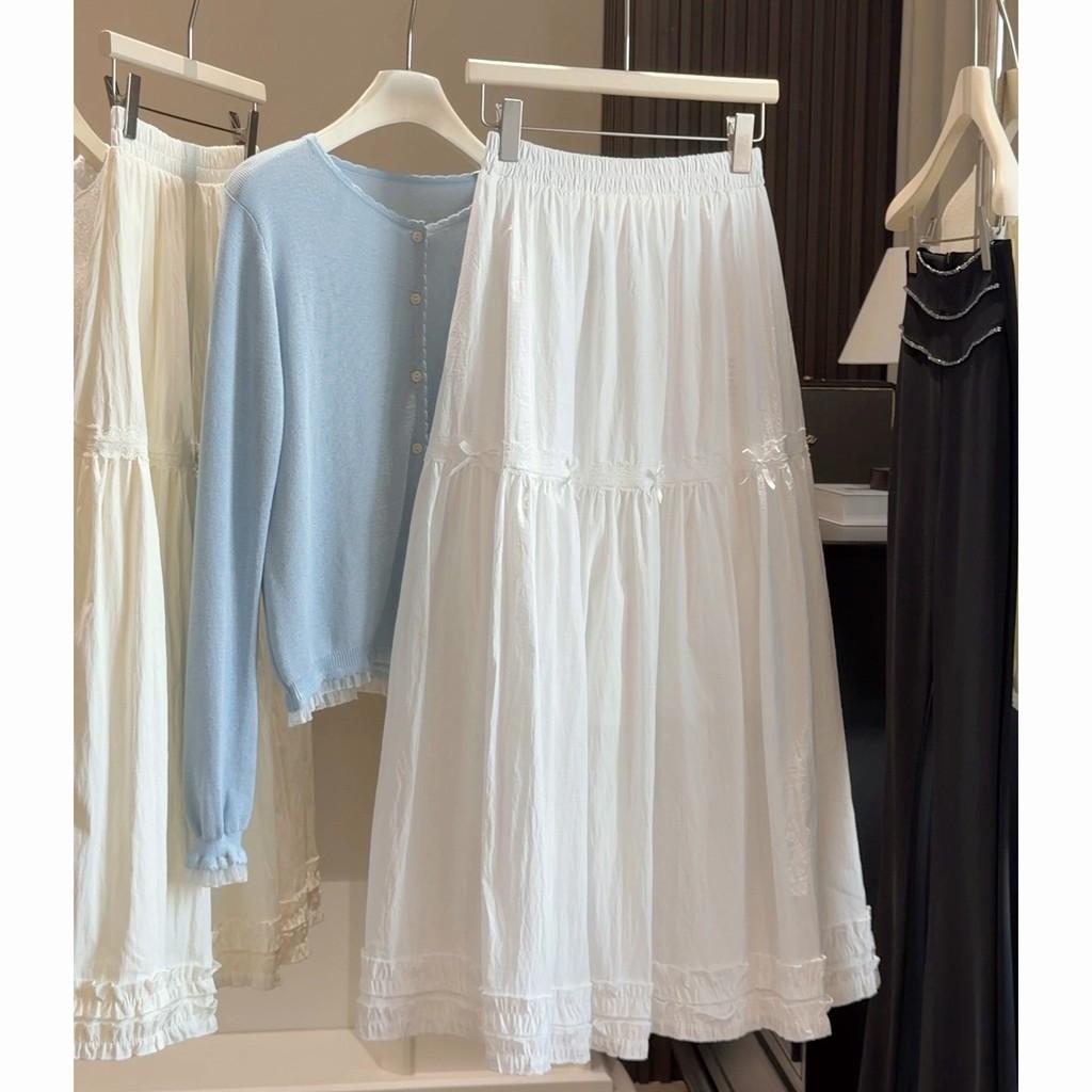 Qooth White Tiered Ruffle Skirt Bow Detail A-Line Midi Slimming QT2865