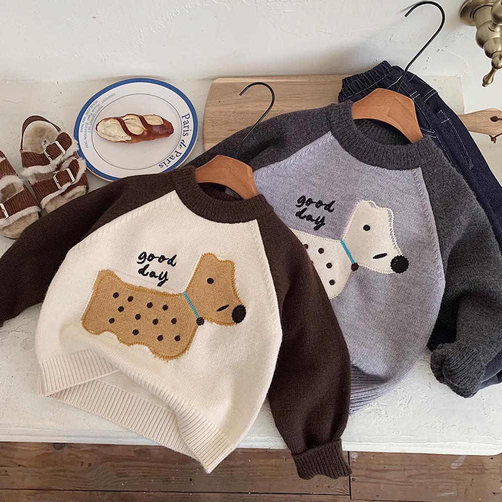 Kino Winter Korean Style Boys' Knitted Cartoon Sweater - Thick, Warm, and Trendy.