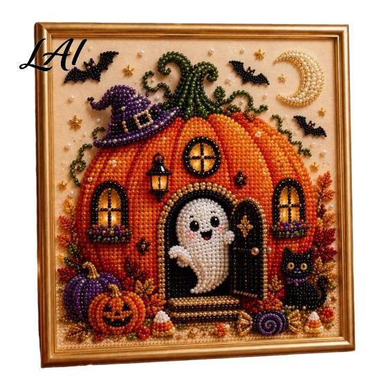 Halloween Craft Supplies Faux Pearl Painting Kit DIY Witchcraft Art 3D Seasonal Bead Wall Kit for Adults Beginners Handmade Holiday Decor Shiny