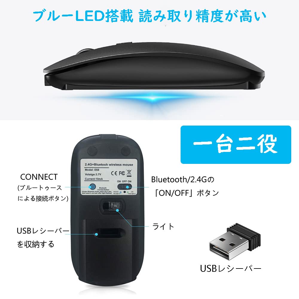 Mouse Bluetooth Rechargeable Wireless Mouse Quiet Thin Small Wireless Mouse 3DPI Mode High Precision Portable Compatible with TELEC Certified Type-C