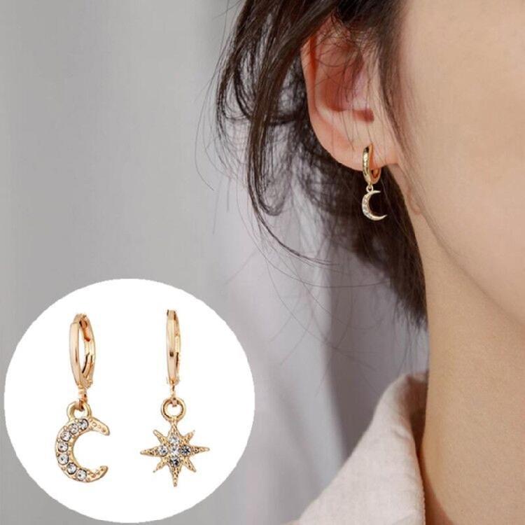 Cubic Zirconia Star Moon Earrings Allergy Proof Asymmetric Hoops Evening Party Jewelry For Women In Three Color Options