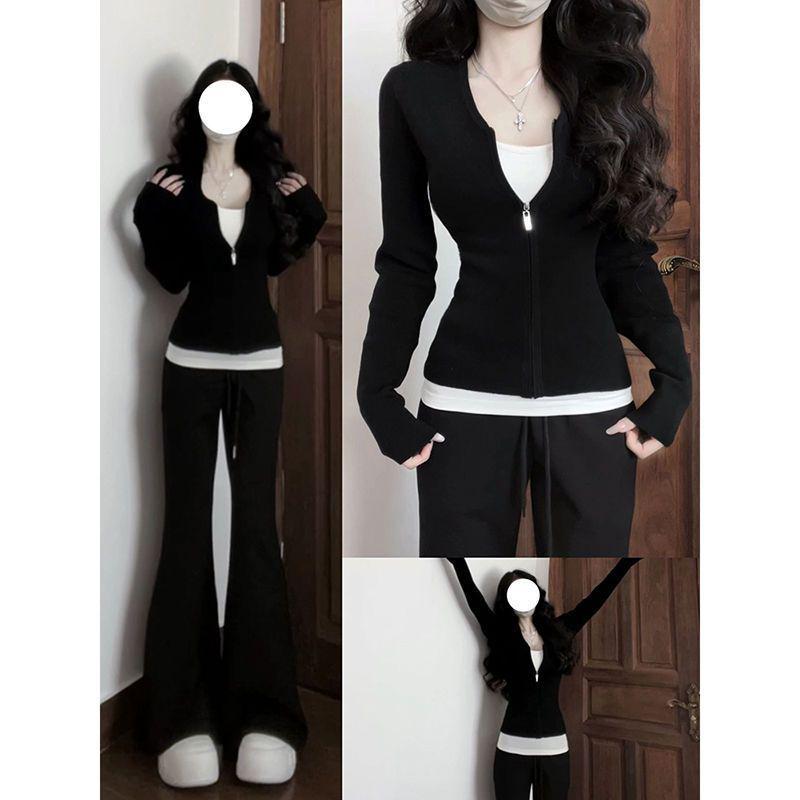 Korean Style Colorblock Two-Piece Zipper T-Shirt for Women - Slimming Spring/Autumn Top with Modern Design