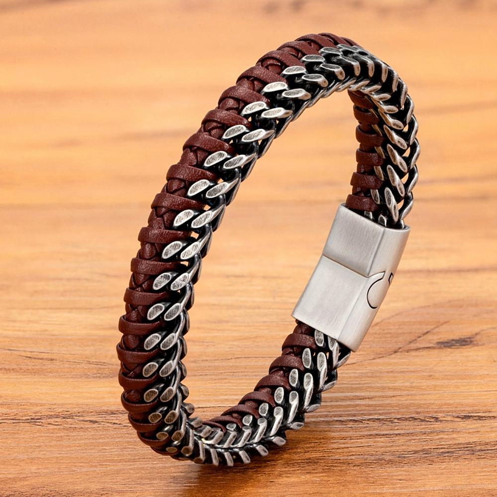 Luxury Vintage Handmade Leather Braid Men Bracelet Stainless Steel Buckle Business Men's Bangles for Friend Partner Lovers