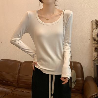 Cotton 95% Elastane 5% Threaded Shirt Women's Autumn and Winter Thin Slim Fit Solid Color Round Neck T Lazy