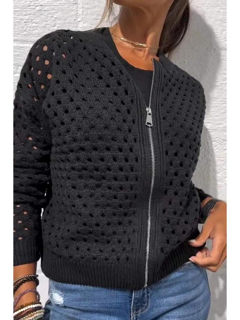 2025 Women's Casual Hollow Knit Zipper Jacket - European and American Style