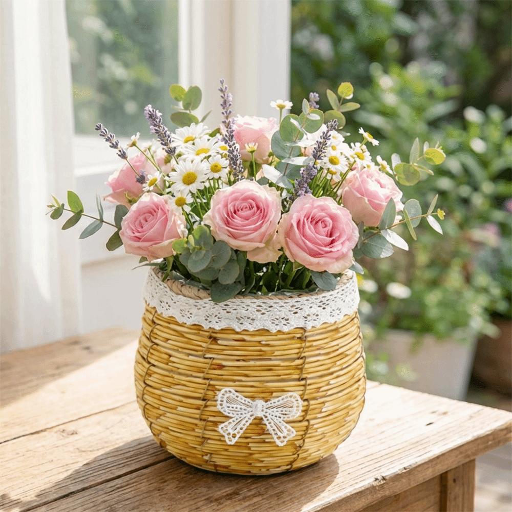 Home Decoration Rustic Woven Flower Basket Plastic Sturdy Flower Arrangement Basket Simple Flowerpot Flower Arrangement