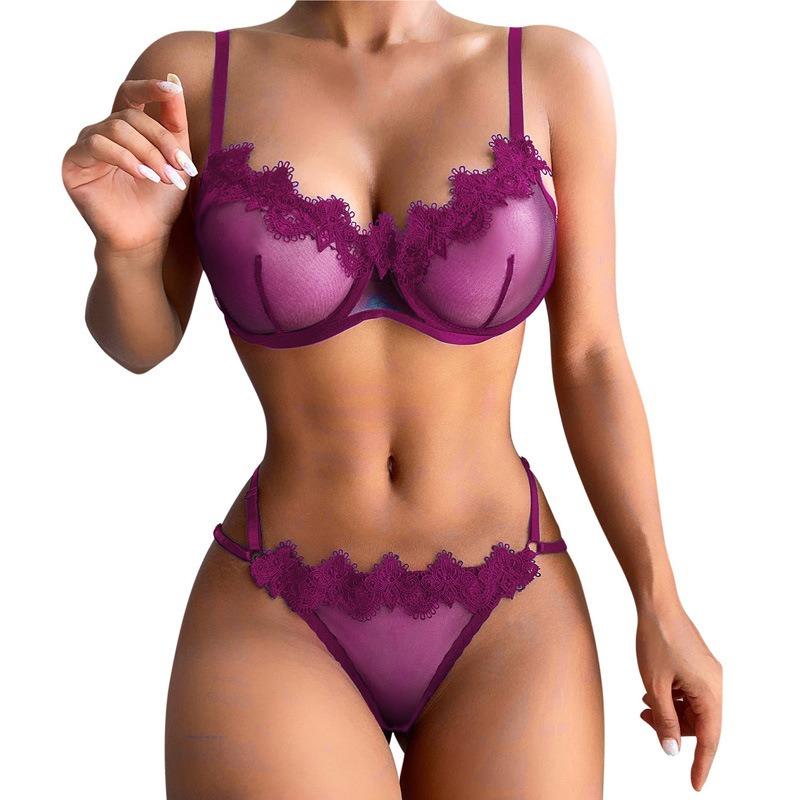 Sexy underwear sexy women's mesh see-through lace three-point pajamas two-piece set