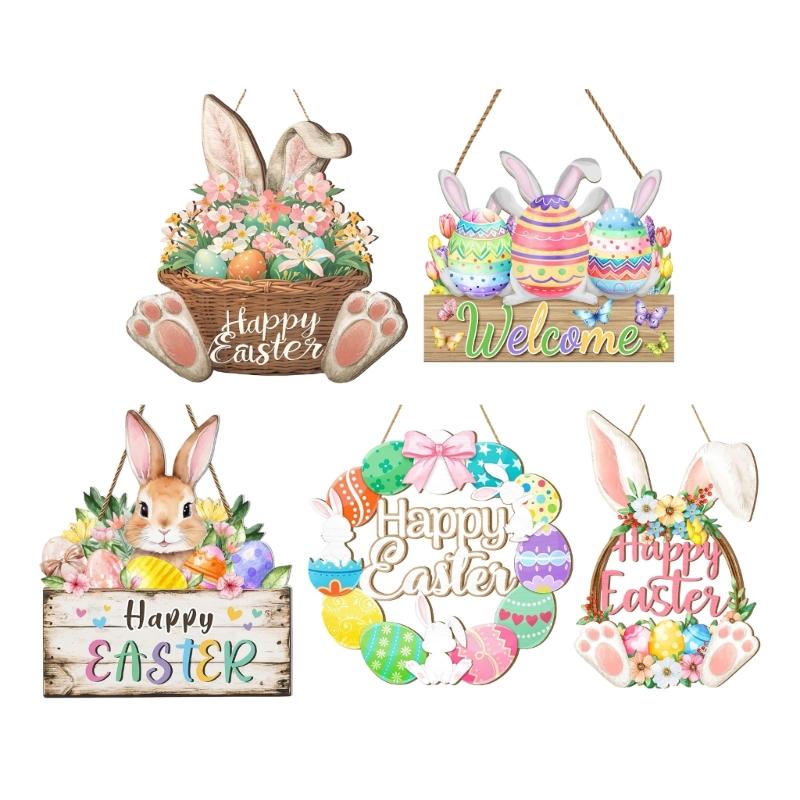 Easter Wooden Welcome Sign with Spring Flowers Rabbit Designs for Door Decoration Hanging Ornament