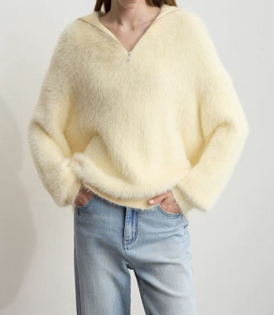 

Imitation mink velvet lapel half zipper pullover sweater women s clothing autumn and winter new loose casual knitted sweater top one size fits all