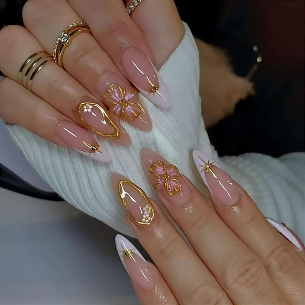 24PCS 3D Peach Flower French Style False Nails Fake Nails Manicure Nails Tips Removable Fake Nails Acrylic Press On Nails