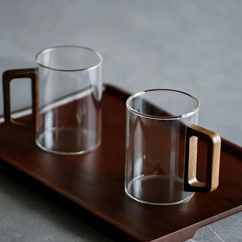 High Borosilicate Glass Tea Cup with Walnut Wood Handle High Temperature Resistance Whiskey Glass Large Capacity Tea Making Cup
