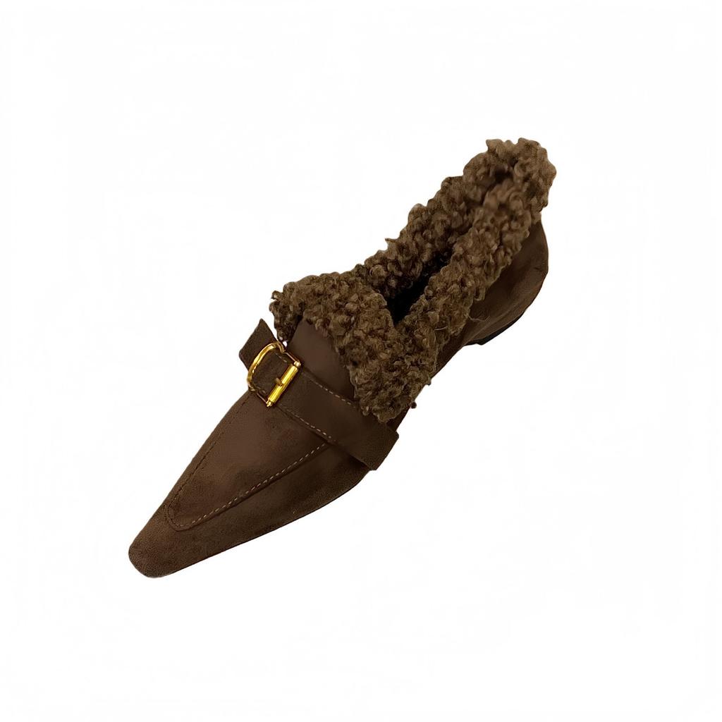 2025 Autumn and Winter Plush Shoes Women's Winter Pointed Head Inner Height Mary Jane Shoes Small Leather Shoes Loafers Women's Single Shoes Tide