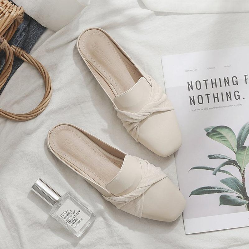 Twisted Strap Square Toe Mules Soft Leather Slip-On Backless Loafers