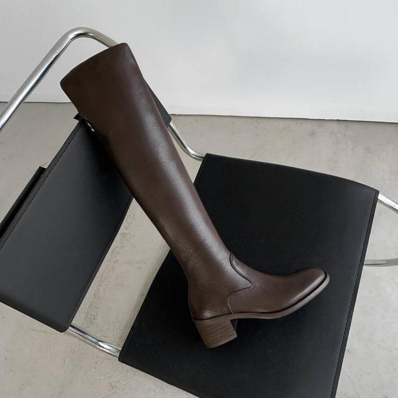 Autumn and Winter Women's Leather Boots Round Head Versatile Large Size Women's Boots Middle Heel Sleeve Square Heel Cowhide New Leather High Boots