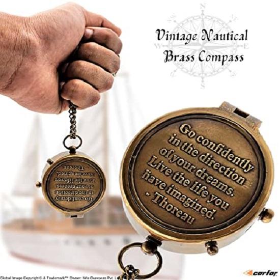 Poem Compass Handmade Solid Brass Navigational  Marine Compass with Wooden Box