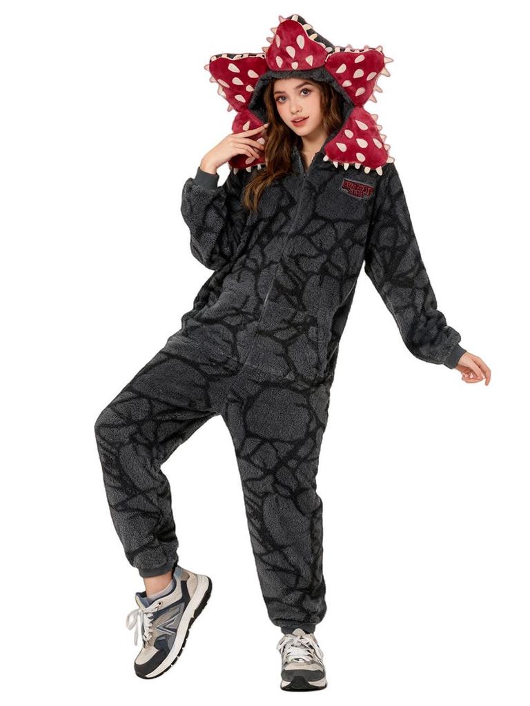 Stranger Things Man-Eating Plant Hooded Cosplay Pajamas for Men - Coral Fleece Plush Halloween Costume