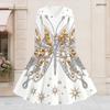 Women Plus Size V Neck Long Sleeve White Printed A Line Flared Dress With Tie Waist