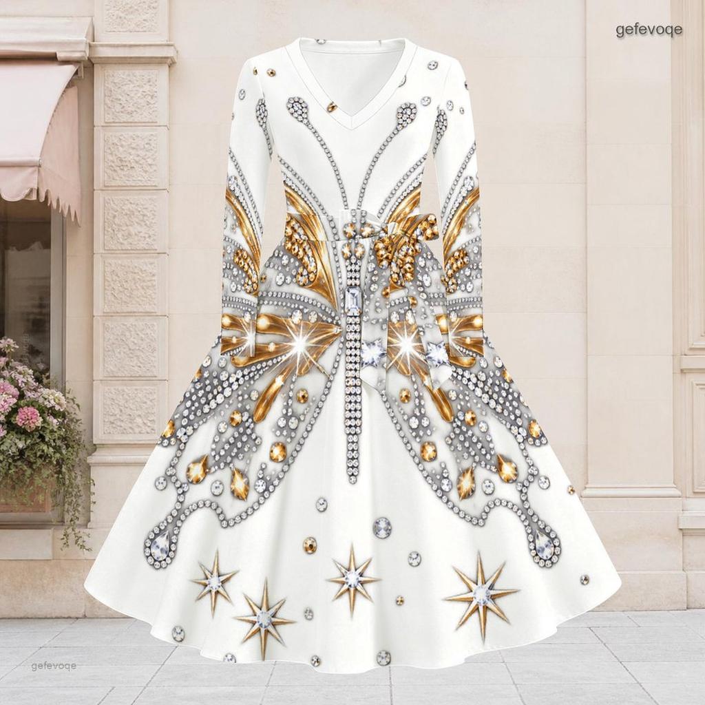 Women Plus Size V Neck Long Sleeve White Printed A Line Flared Dress With Tie Waist