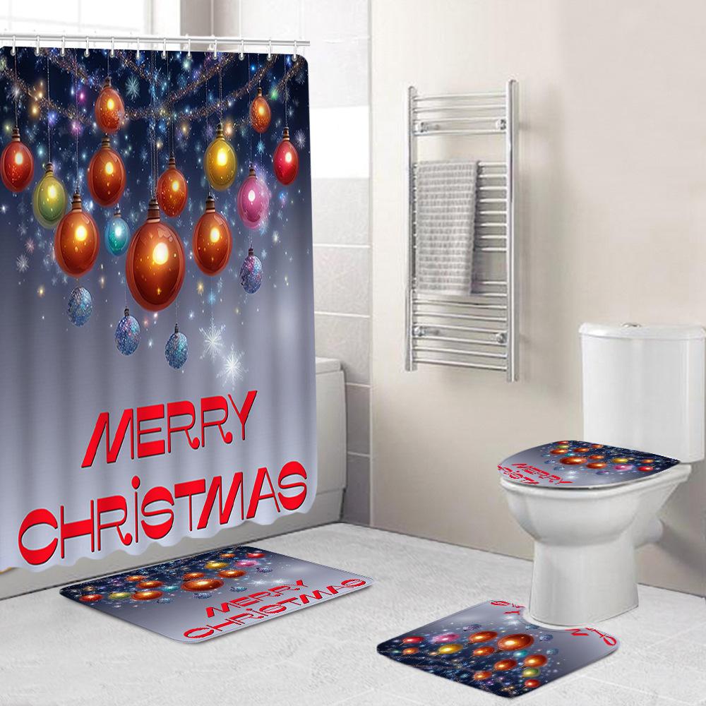 Christmas Toilet Cover Shower Curtain Floor Mat Set Santa Carpet Door Mat Foot Mat Non-Slip Mat