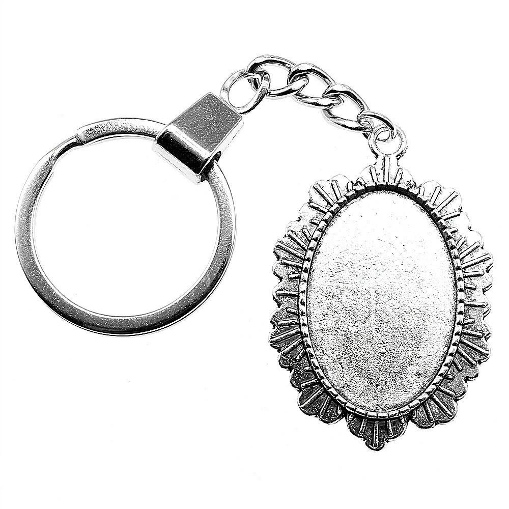 Heart Elliptical Glass Cabochon Base Setting Tray Blank Antique Bronze Metal Keychain for Family Gift