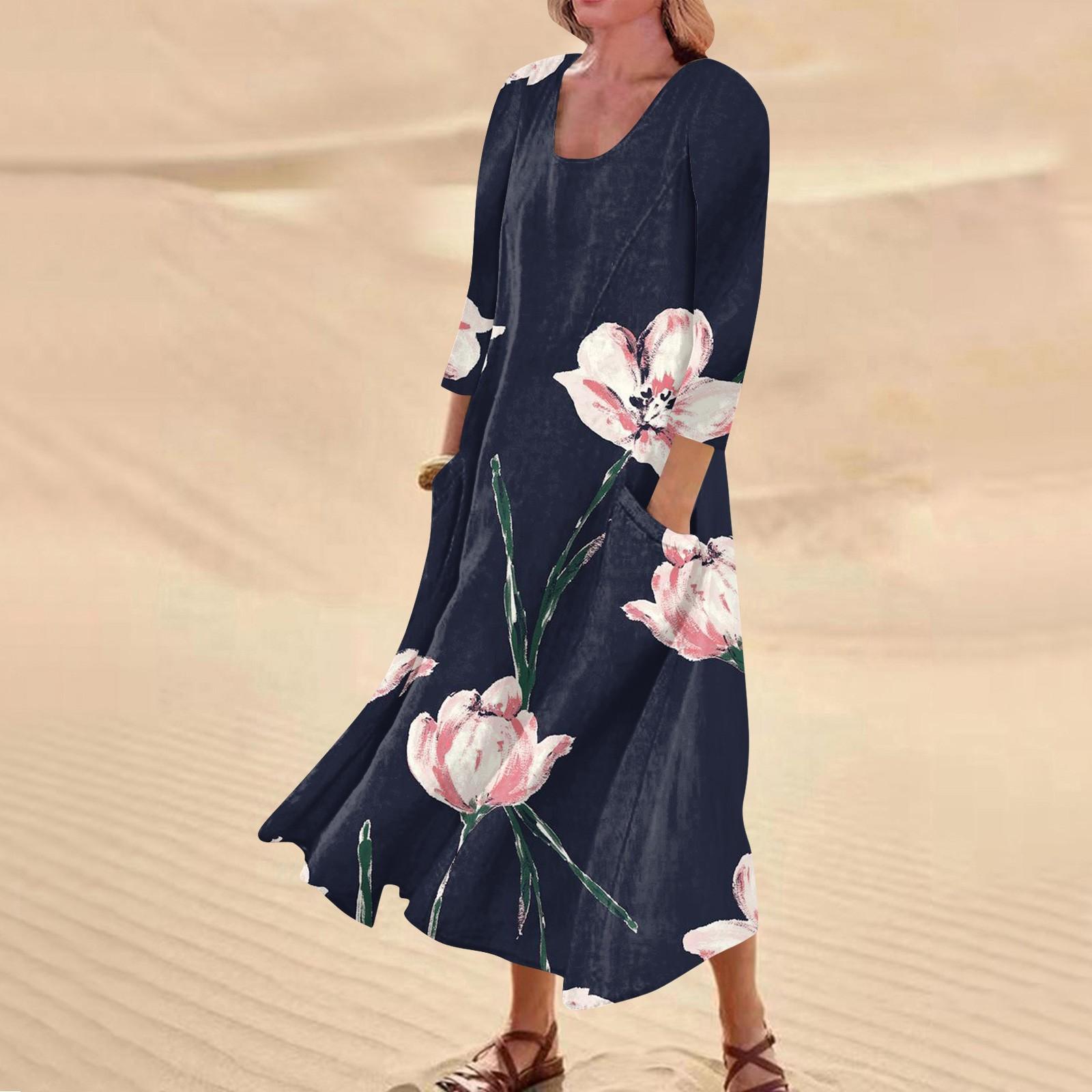 Женское повседневное удобное хлопковое карманное платье с цветочным принтом и рукавами — фото 10