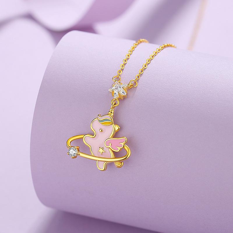 Tichia Original Rainbow Unicorn S925 Sterling Silver Enamel Necklace for Women - Sweet and Exquisite Clavicle Chain.