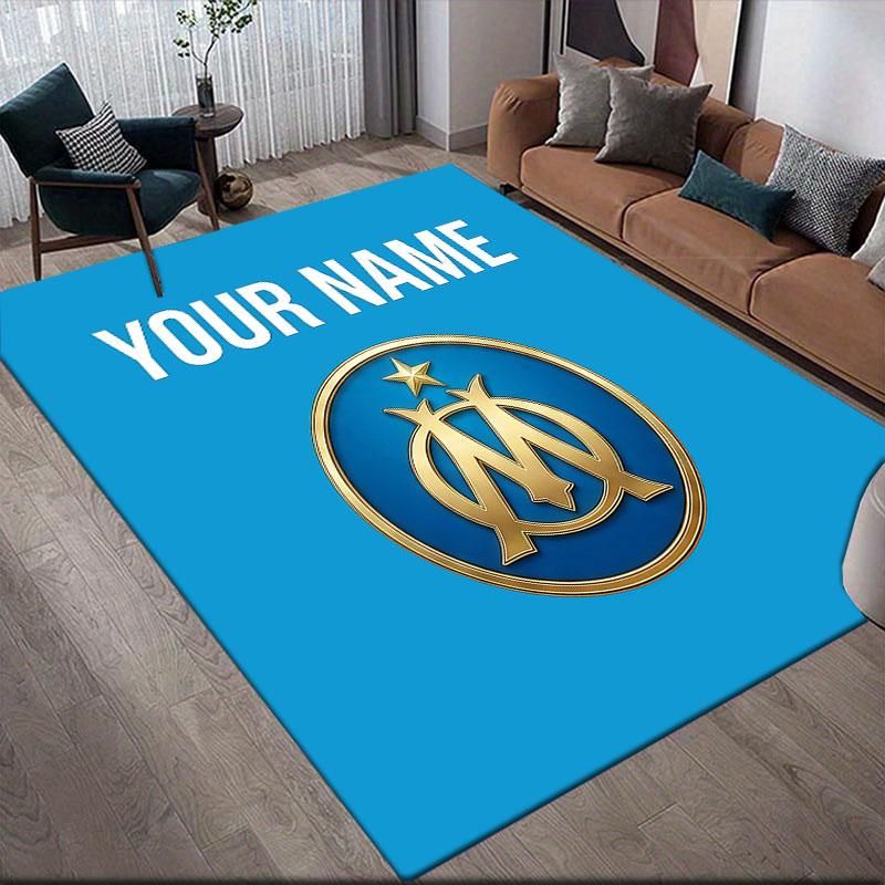 Custom Name,Olympique De Marseille Home Sofa Decoration for Living Room & Bedroom, Non‑Slip Play Flannel Floor Mat for Game Room