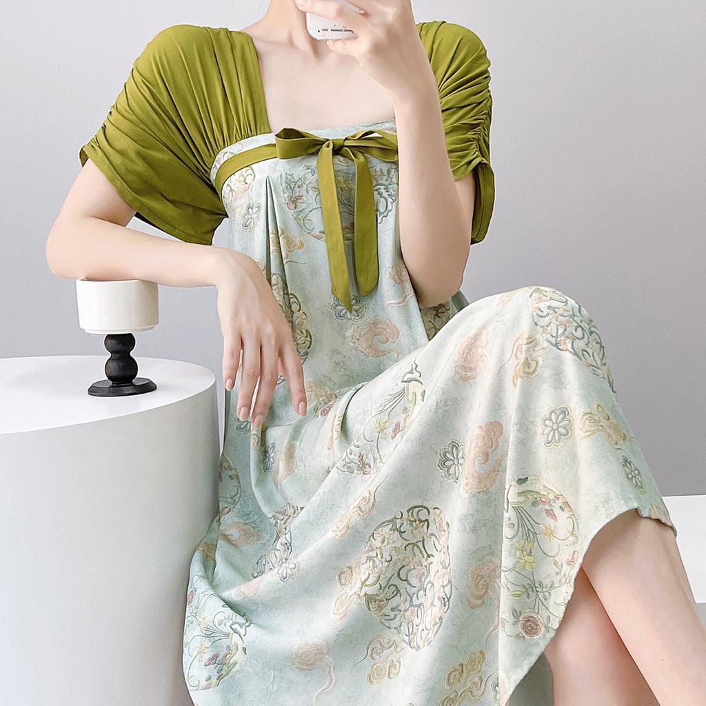 Short-sleeved cotton silk nightgown women's summer square collar improved Hanfu national style cotton silk skirt loungewear can be worn outside