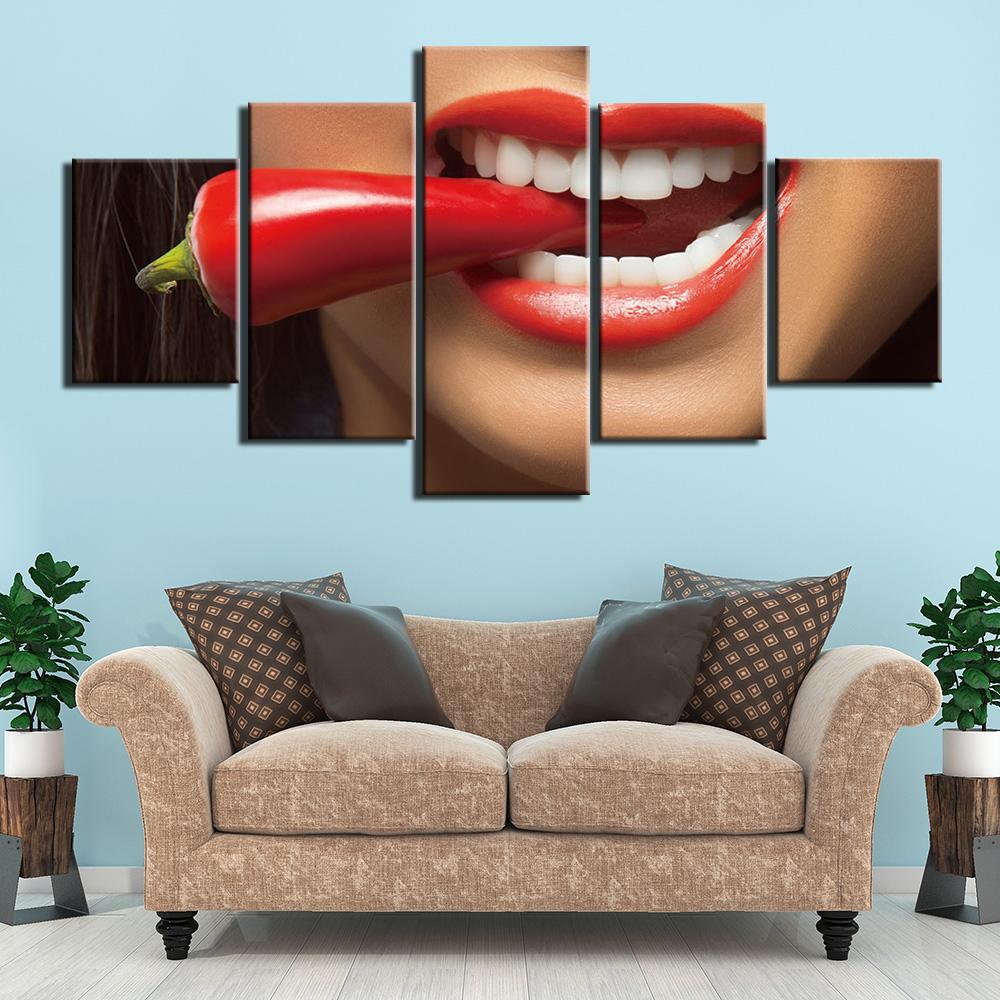 5 Pieces Modular African Woman Sexy Lips Nail Salon Canvas Painting Figure Posters and Prints Wall Art Home Decor No Frame
