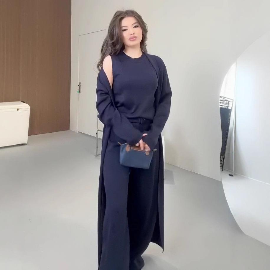 

2025 Осень Женский Европейский и Американский Топ без рукавов с круглым вырезом, Кардиган с длинным рукавом и Свободные брюки, Комплект S темно-синий