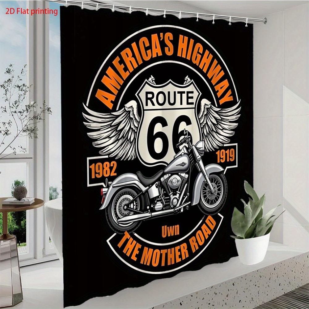 Route 66 Motorcycle Shower Curtain Retro American Highway Design With Chrome Bike And Wings Shower Curtain With Hook