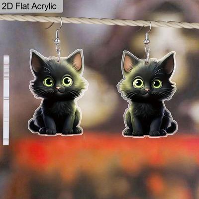 2D Flache Neuheit Katzenohrring Acryl Tier Schwarze Katze Hängeohrring für Frauen Schmuck