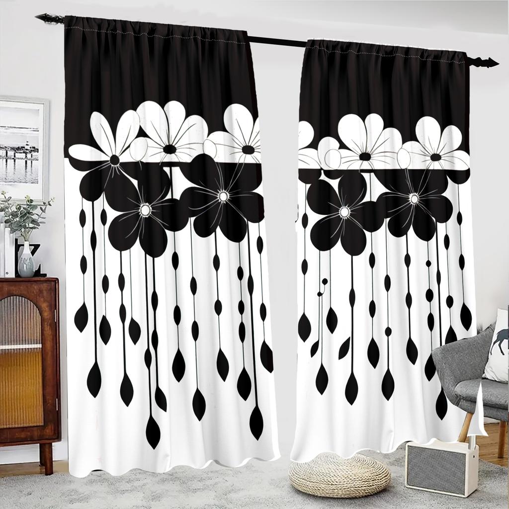 2 pieces of black lotus pattern printed curtains   bedroom and living room   home decoration   room decoration