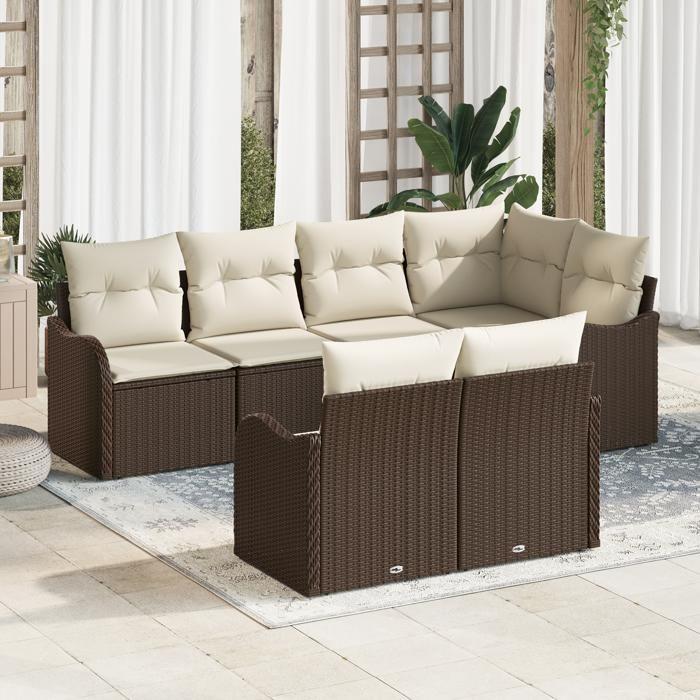 Ensemble de Canapés de Jardin 7 Pièces avec Coussins Rattan Poly Marron vidaXL, Canapé de Jardin 2 Places avec Rangement 3354407