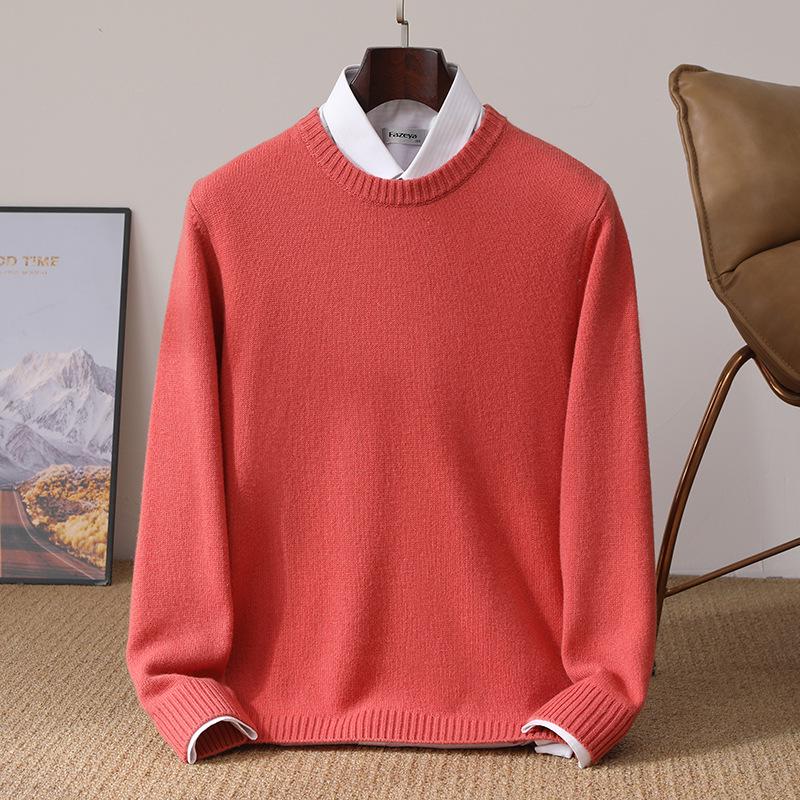 Men's Pure Wool Thickened Winter Pullover - Color Block Round Neck Cashmere Sweater