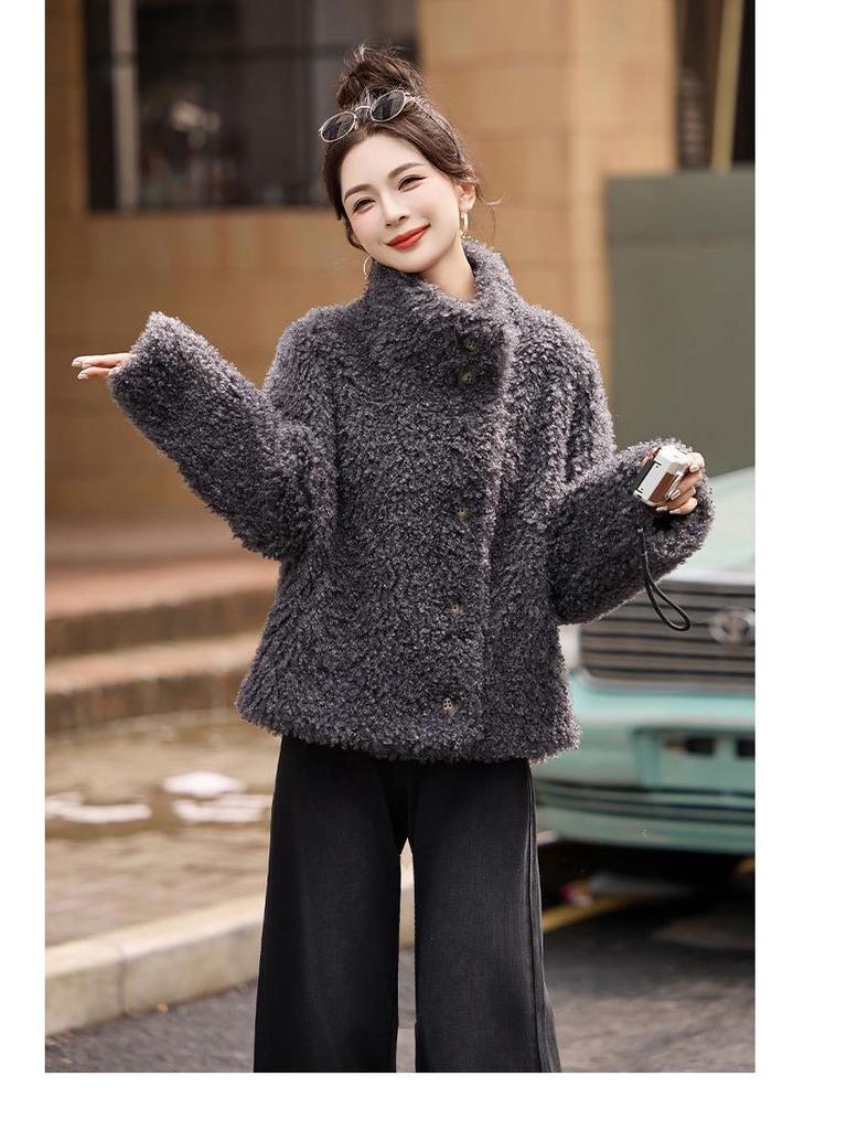 Women's Wool Fur-Trim Coat - Autumn/Winter, Casual Loose Fit, Stand-Up Collar, Single-Breasted (HE8835)