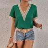 Fashion Women Summer Solid Color T-Shirts Hollow Out Design Lace V-Neck Short Sleeve Casual Loose Pullovers Tops Tees
