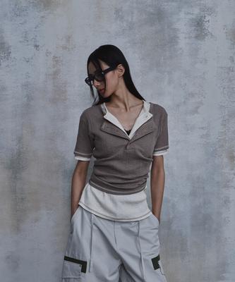PARADIGMFILM [Ep.02] Slub Layered Henley Neck Knit Top (Beige)