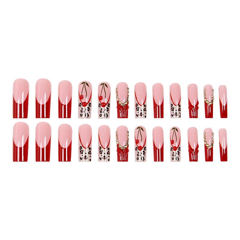 European Leopard Print 3D Cherry Blossom Long False Nails with Detachable Tips