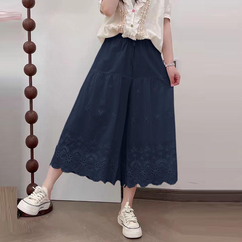 

ZANZEA Женские повседневные брюки с эластичной талией, свободные, укороченные, с кружевной вставкой в технике кроше, пэчворк S