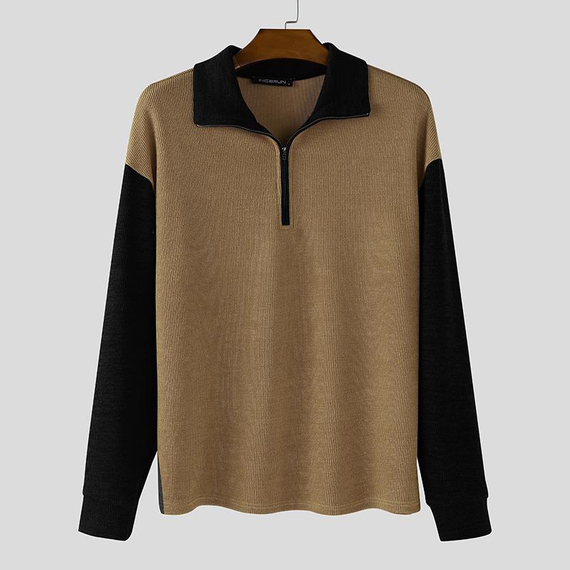 INCERUN Autumn Men Zip-up Lapel Long Sleeve Stitching Rib Knitted Pullovers Tops